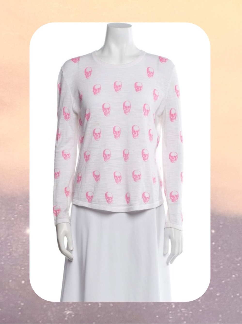 Skull Cashmere White Long Sleeve Top with Pink Skull Print